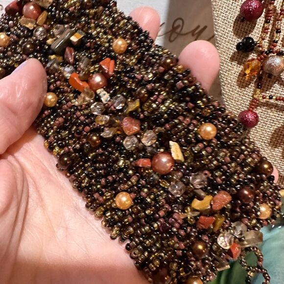 Gorgeous Handcrafted Brown Tone Glass & Gemstone Beaded Necklace & Mesh Bracelet - Picture 3 of 12